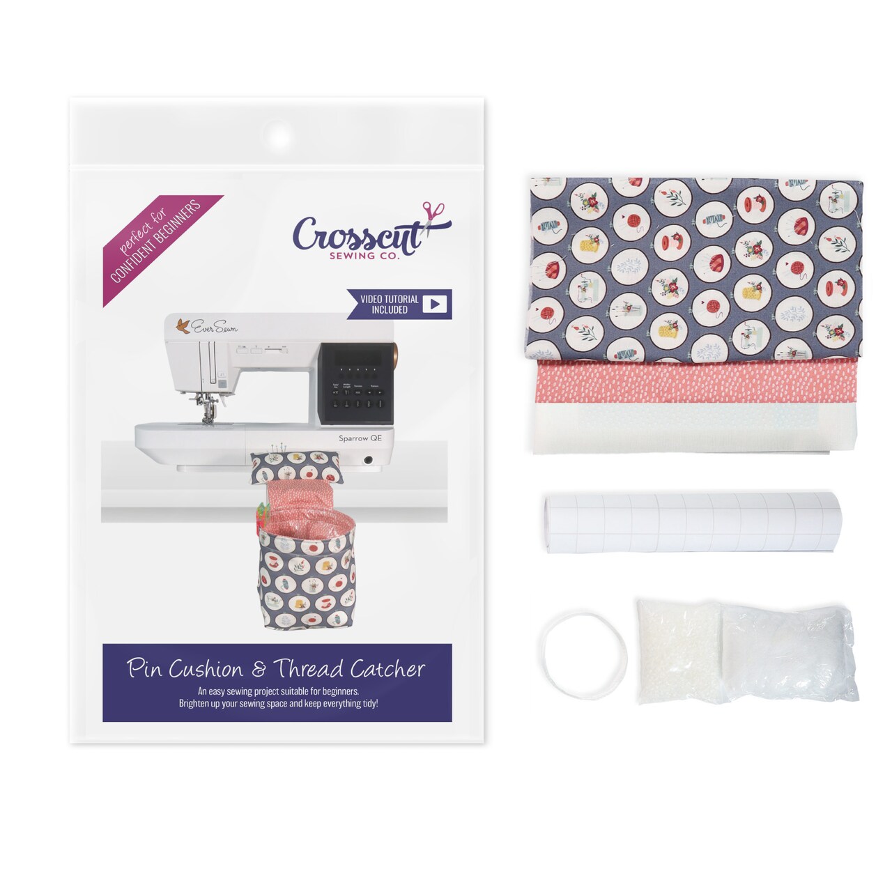 Crosscut Sewing Co.® Pin Cushion & Thread Catcher Sewing Project Kit for Beginners with Fabric, Instructions and Video